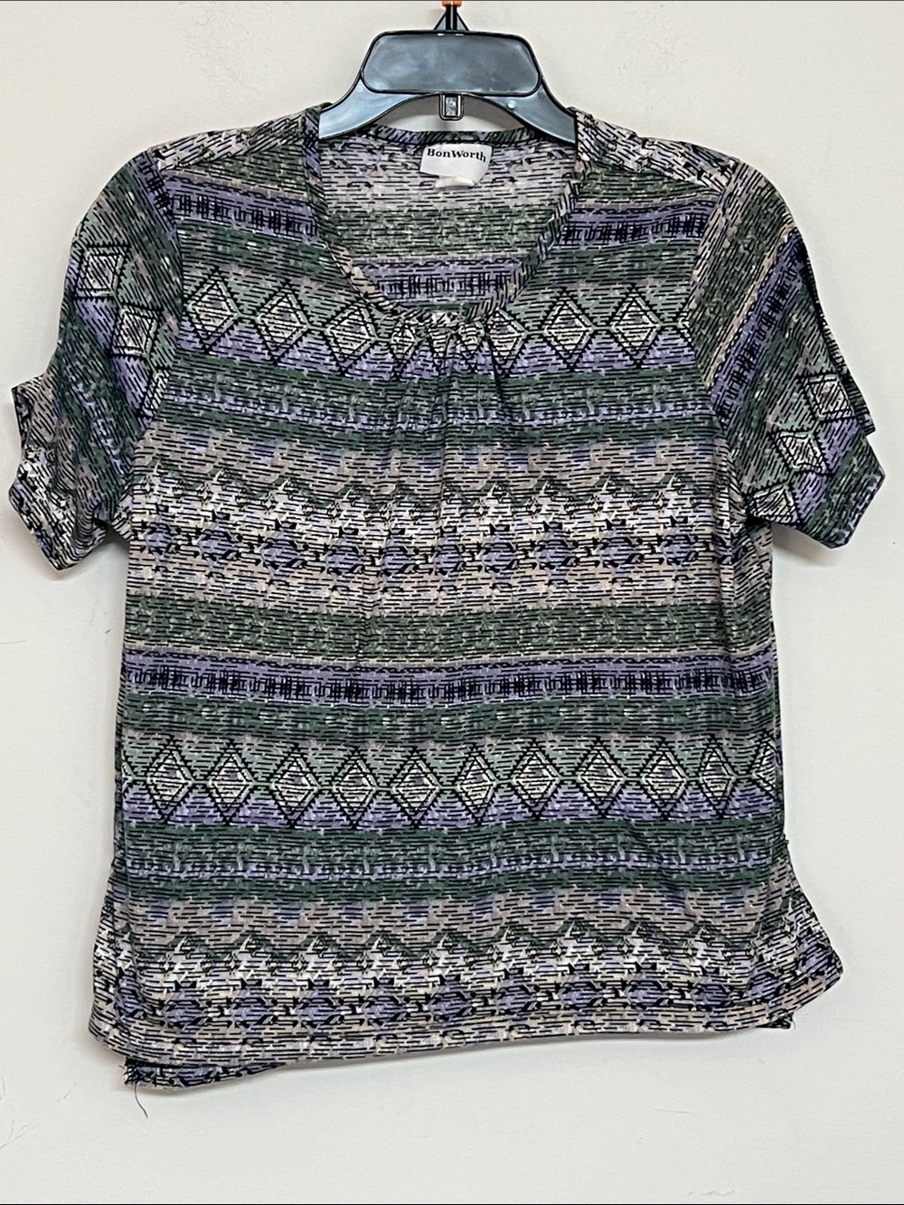 🌞 BonWorth Vintage Green & Lavender Geometric Short Sleeve Top women size L